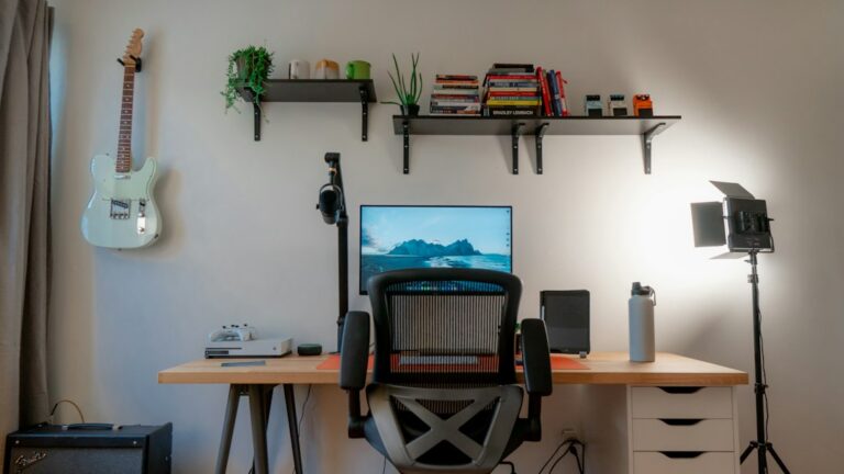 Desk and chair in a compact room